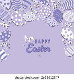 Happy Easter Vector Creative Greeting Card or Banner Design. Decorated Easter Eggs, Bunny Ears, Spring Flowers and Plants decorations. Painted and Ornamental Eggs. Creative Easter and Spring Frame. 