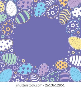 Happy Easter Vector Creative Greeting Card or Banner Template. Decorated Easter Eggs, Bunny Ears, Spring Flowers and Plants decorations. Painted and Ornamental Eggs. Creative Easter and Spring Frame. 