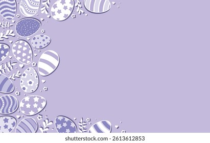 Happy Easter Vector Creative Greeting Card or Banner Design. Decorated Easter Eggs, Spring Flowers, Plants and Shapes decorations. Painted and Ornamental Eggs. Creative Easter and Spring Frame. 