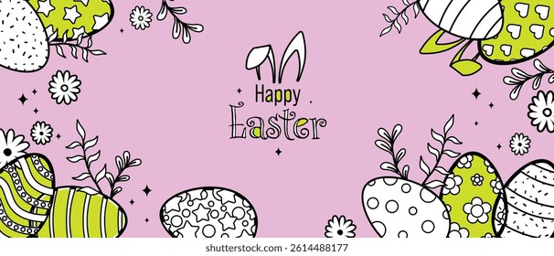 Happy Easter Vector Creative Greeting Card or Banner Design. Decorated Easter Eggs, Bunny Ears, Spring Flowers and Plants decorations. Painted and Ornamental Eggs. Creative Easter and Spring Frame. 