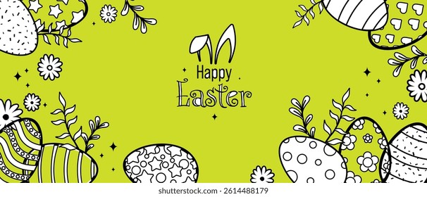 Happy Easter Vector Creative Greeting Card or Banner Design. Decorated Easter Eggs, Bunny Ears, Spring Flowers and Plants decorations. Painted and Ornamental Eggs. Creative Easter and Spring Frame. 