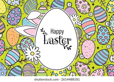Happy Easter Vector Creative Greeting Card or Banner Design. Decorated Easter Eggs, Bunny Ears, Spring Flowers and Plants decorations. Painted and Ornamental Eggs. Creative Easter and Spring Frame. 