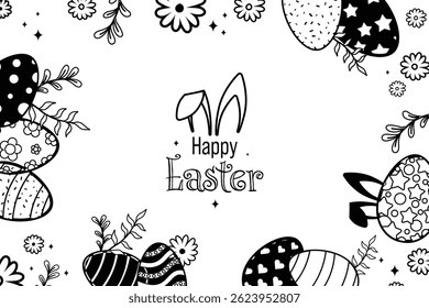 Happy Easter Vector Creative Greeting Card or Banner Design. Decorated Easter Eggs, Bunny Ears, Spring Flowers and Plants decorations. Silhouette Black and White Easter and Spring Frame. 
