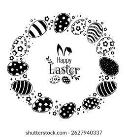 Happy Easter Vector Creative Greeting Card. Bunny ears, decorated and ornamented easter eggs. Flat style design on white background. Easter banner or border with cute bunny ears on text