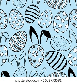 Happy Easter Vector Creative repeatable and printable Seamless Pattern Decorated Easter Eggs Bunny Ear Spring Flowers and different decorations Silhouette style Ornamental Eggs Creative Easter Texture