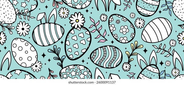 Happy Easter Vector Creative Seamless Pattern or Greeting Card or Banner Design for Easter or Spring. Decorated Easter Eggs, Bunny Ears, Spring Flowers and Plants decorations. Ornamental Easter Eggs. 