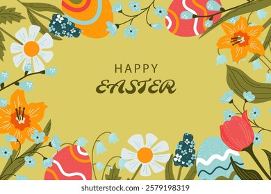 Happy Easter! Vector cute    background  with  easter eggs and colorful spring flowers. 