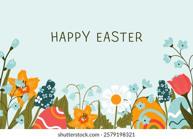 Happy Easter! Vector cute    background  with  easter eggs and colorful spring flowers. 