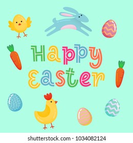 Happy Easter vector cute banner with colored ornate eggs, cartoon chiken and Easter banny, rabbit on yellow paper background. Funny Easter poster, banner template for joy fun family celebration