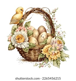 Happy easter Vector cute classic illustrations of easter eggs in a basket of flowers, chick, greeting card, poster