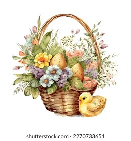 Happy easter Vector cute classic illustrations of easter eggs in a basket of flowers, chick, greeting card, poster