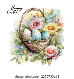 Feliz Vector de Pascua lindas ilustraciones clásicas de huevos de Pascua en una canasta de flores, polluelo, texto de saludo para una tarjeta de saludo, afiche o fondo