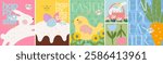 Happy Easter. Vector cute illustration of Easter cake with decorated eggs, bunny, chick, flowers, basket, carrot for greeting card, invitation, postcard, background or poster