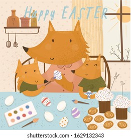 Happy easter! Vector cute illustration of a fox family coloring eggs for holiday. Drawings of mother and children at home at the table for a card, background or poster.
 
