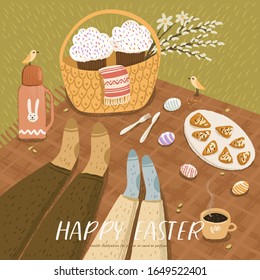 Happy Easter! Vector cute illustration with couple celebrating Easter on picnic: springtime, basket with easter cakes, colored eggs, birds and flowers. Drawing for card, postcard or poster