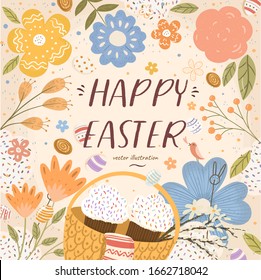 Happy Easter! Vector cute illustration with colorful spring flowers, Easter cakes in basket, colored eggs, singing bird and bunny. Drawing for card, postcard or poster