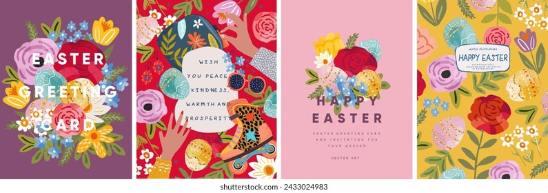 Happy easter. Vector cute illustration of Easter eggs, flowers, plants, woman's hands, floral pattern for greeting card, invitation, greeting, postcard or flyer