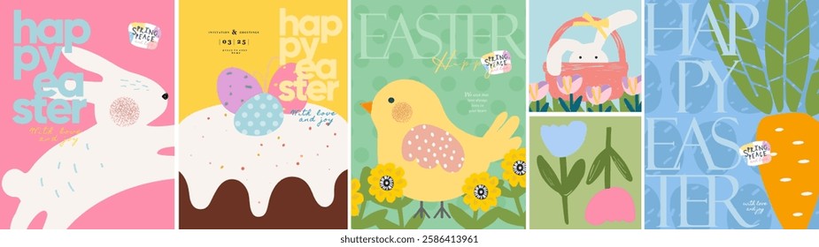 Happy Easter. Vector cute illustration of Easter cake with decorated eggs, bunny, chick, flowers, basket, carrot for greeting card, invitation, postcard, background or poster