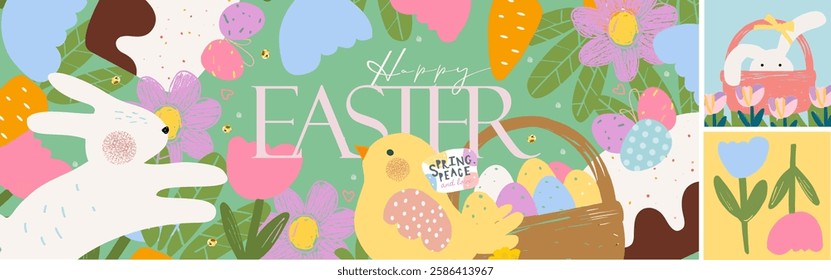 Happy Easter. Vector cute illustration of Easter cake with decorated eggs, bunny, chick, flowers, basket, carrot for greeting card, invitation, postcard, banner, background or poster