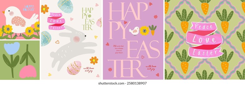 Happy Easter! Vector cute modern illustration of bunny, carrot, chick, tulips, eggs, flowers, seamless pattern for greeting card, poster or background 