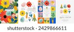 Happy Easter! Vector cute naive simple gouache illustrations of Easter eggs, bunny, carrot, pattern, flowers, tulip, snowdrop, for greeting card, invitation or background
