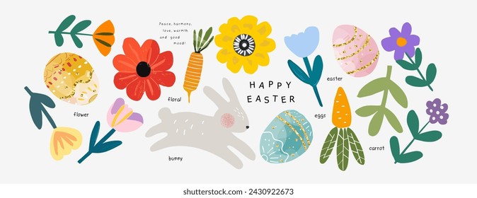 Happy Easter! Vector cute naive simple gouache illustrations of Easter eggs, bunny, carrot, pattern, flowers, tulip, snowdrop, for greeting card, invitation or background