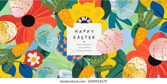 Happy Easter! Vector cute naive simple gouache illustrations of Easter eggs,  carrot, abstract pattern, flowers, plants for greeting card, invitation, banner or background