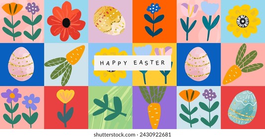 Happy Easter! Vector cute naive simple gouache illustrations of Easter eggs,  carrot, pattern, flowers, tulip, snowdrop, for greeting card, invitation, banner or background