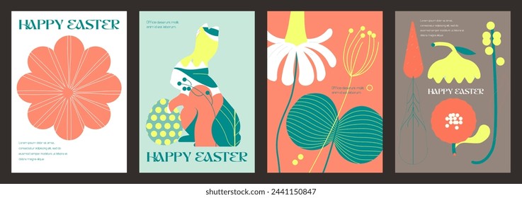 Happy Easter. Vector cute simple gouache illustrations of Easter eggs, bunny, carrot, pattern, flowers, tulip for greeting card, invitation or background.