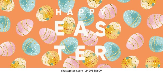 Happy easter! Vector cute spring  illustration of watercolor colorful Easter eggs on orange background, banner or greeting card