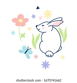 Feliz diseño vectorial de Pascua. Ilustración animal. Conejo con flores y mariposa