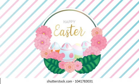 happy Easter vector design concept with colorful Easter eggs and pastel flowers in circle frame on pink and blue strips background