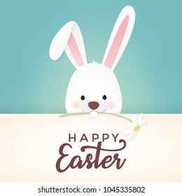Happy Easter vector design with cute rabbit character. Advertising poster or flyer template with a white bunny 