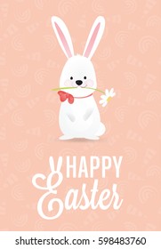 Happy Easter Vector Design with Cute Rabbit Character - Advertising Poster or Flyer Template with a White Bunny