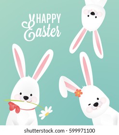 Happy Easter Vector Design  with Cute Rabbit Characters- Advertising Poster or Flyer Template with a White Bunny Family