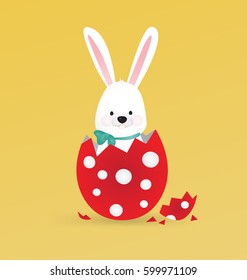 Happy Easter Vector Design. Cute Rabbit Character in Egg with Polka Dots - Advertising Poster or Flyer Template with a White Bunny