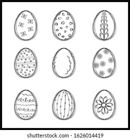 Happy Easter vector design elements. Set of Easter eggs, hand drawn, white background. Concept for Easter - card, poster, textile, invitation, greeting card