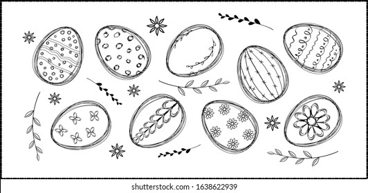 Happy Easter vector design elements. Set of Easter eggs and flowers, hand drawn, white background. Concept for Easter - card, poster, textile, invitation, greeting card