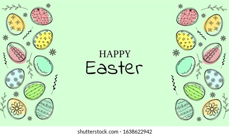 Happy Easter vector design. Pastel colored Easter eggs, flowers and leaves. Hand drawn Easter background. Concept for Easter - card, poster, textile, invitation, greeting card
