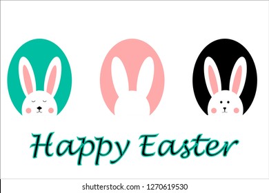 Happy Easter vector design. Set of three cute, adorable bunnies, rabbits in the egg-shaped background. Concept for Easter - card, poster, textile