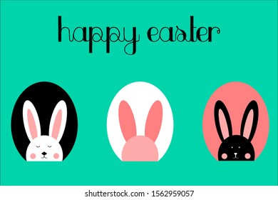 Happy Easter vector design. Set of three cute, adorable bunnies, rabbits in the egg-shaped background. Concept for Easter - card, poster, textiles