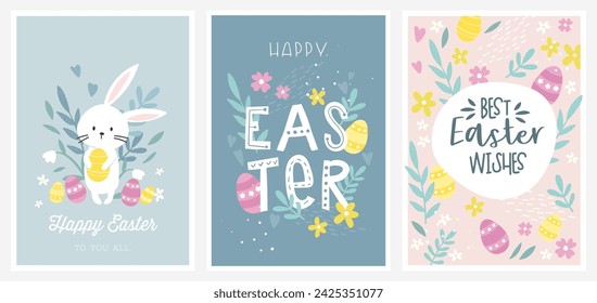 Feliz Pascua plantillas de diseño vectorial.  Lindo diseño a juego dibujado a mano con conejos, huevos, fuentes divertidas y flores.