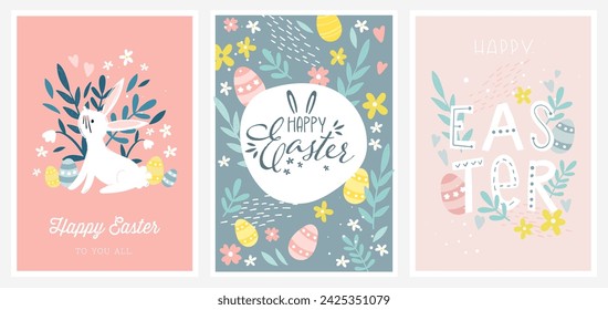 Happy Easter vector design templates.  Cute hand-drawn matching design with bunnies, eggs, fun fonts and flowers.
