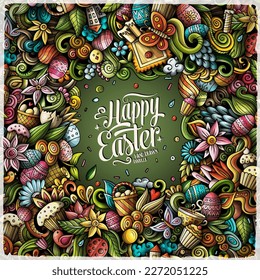 Happy Easter vector doodle border illustration. Spring Holiday elements and objects cartoon frame background. All items are separated