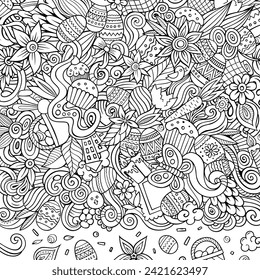 Happy Easter vector doodle border illustration. Spring Holiday elements and objects cartoon frame background. All items are separated