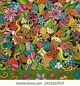 Happy Easter vector doodle border illustration. Spring Holiday elements and objects cartoon frame background. All items are separated