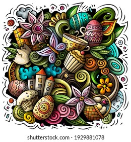 Dibujo de doodles vector Happy Easter. Fondo de dibujos animados de elementos de vacaciones y objetos. Imagen divertida de color. Todos los elementos están separados