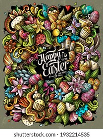 Happy Easter vector doodles illustration. Holiday elements and objects cartoon background. Color funny picture. All items are separated