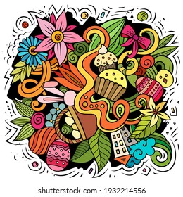 Happy Easter vector doodles illustration. Holiday elements and objects cartoon background. Color funny picture. All items are separated