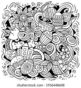 Happy Easter vector doodles illustration. Holiday elements and objects cartoon background. Sketchy funny picture. All items are separated